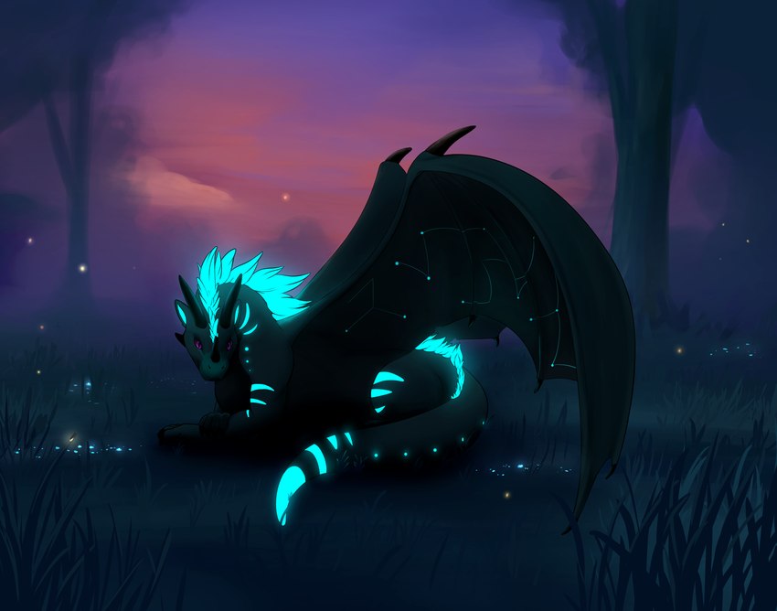 bioluminescence black_body black_scales cloud feral glowing glowing_hair grass hair looking_at_viewer lying membrane_(anatomy) membranous_wings nature nature_background on_front on_ground plant purple_eyes quadruped resting scales solo sunset teal_hair tree wings hyginx art_fight mythology arthropod beetle dragon elateroid firefly insect mythological_creature mythological_scalie scalie absurd_res hi_res