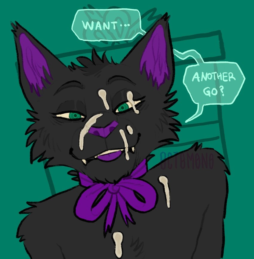 anthro arm_tuft black_body black_fur bodily_fluids cheek_tuft cum cum_on_face facial_tuft fangs front_view fur genital_fluids green_eyes head_tuft inner_ear_fluff looking_at_viewer male nude purple_inner_ear_fluff purple_nose purple_tongue shoulder_tuft smile solo speech_bubble teeth text tongue tuft 0ct0m0n0 felid mammal english_text hi_res