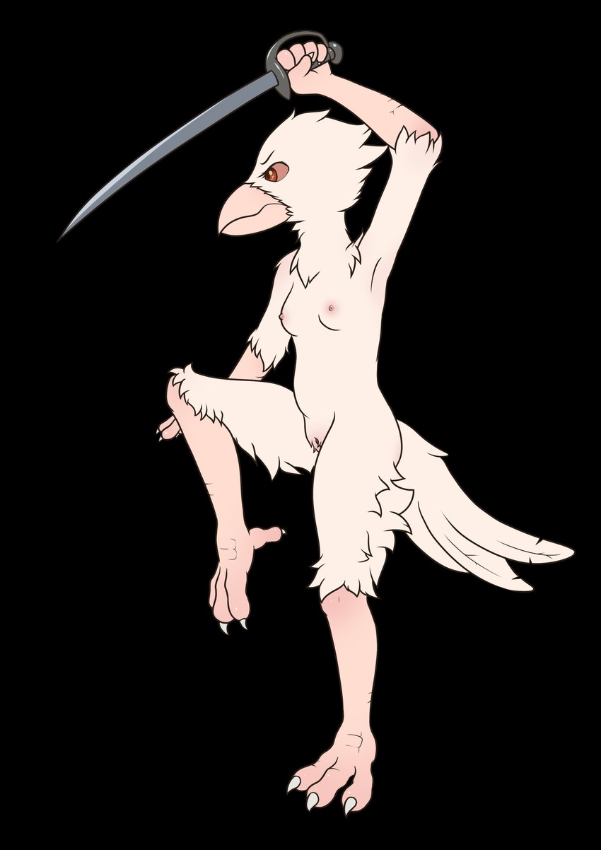 anthro avian_feet beak biped breasts feathers feet female fighting_pose genitals holding_melee_weapon holding_object holding_sword holding_weapon melee_weapon nipples on_one_leg pose pussy side_view small_breasts solo standing sword tail tail_feathers talons toes weapon white_body minum avian bird 2024 absurd_res alpha_channel hi_res