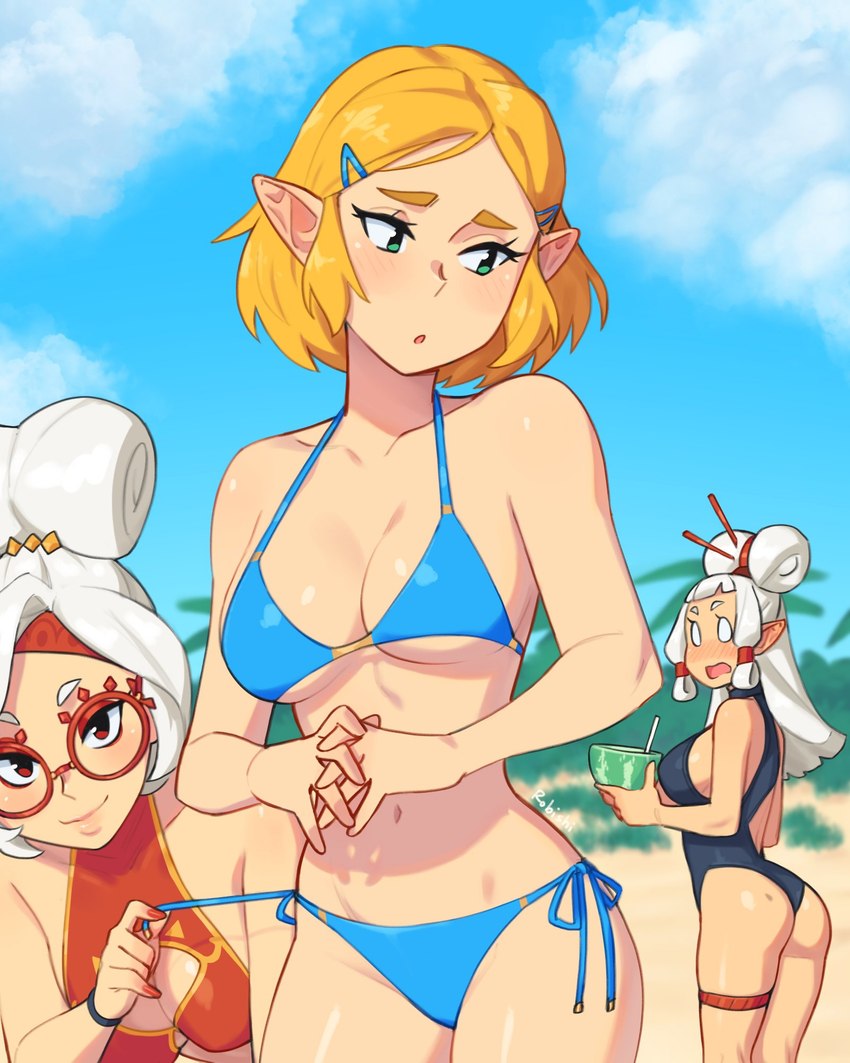 accessory beach beverage bikini bikini_bottom bikini_top blonde_hair blue_bikini blue_clothing blue_swimwear blush breasts butt clothing eyebrows eyelashes eyewear female glasses glistening glistening_body glistening_breasts glistening_skin green_eyes group hair hair_accessory holding_strap humanoid_pointy_ears long_hair navel not_furry one-piece_swimsuit open_mouth outside pointy_ears red_eyes seaside short_hair side-tie_bikini side-tie_clothing side-tie_swimwear smile strap_pull string_bikini swimwear triangle_bikini trio two-piece_swimsuit white_hair robishi nintendo tears_of_the_kingdom the_legend_of_zelda paya princess_zelda purah humanoid hylian sheikah 2023 4:5 hi_res