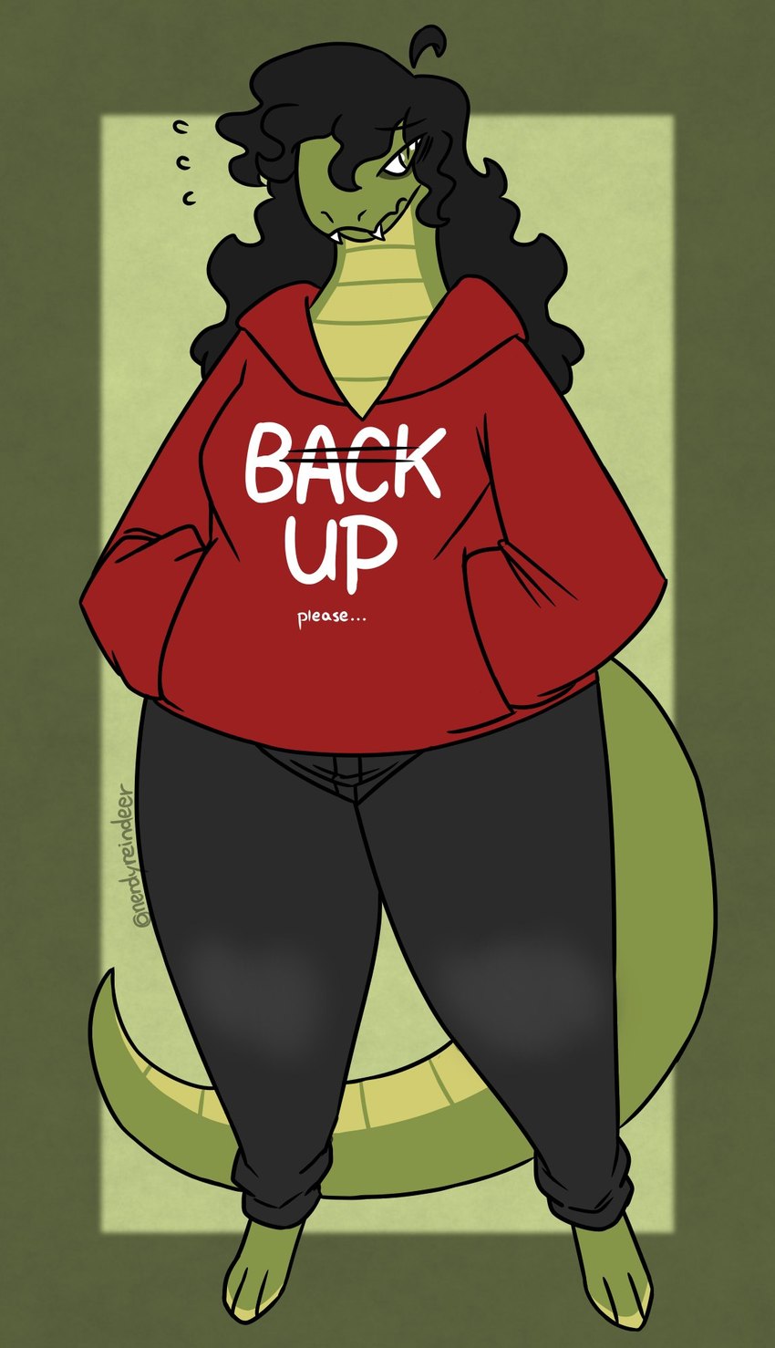 anthro barefoot black_hair breasts clothing fangs feet female green_body green_eyes hair hoodie long_hair scales shy slightly_chubby solo sweatdrop_(iconography) teeth text text_on_clothing topwear ventral_scales nerdyreindeer reptile scalie snake hi_res