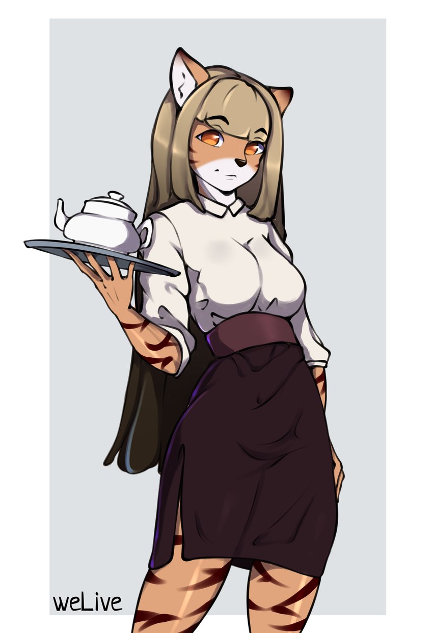 anthro bottomwear clothing costume female holding_object pose serving serving_beverage shirt skirt smile solo teapot topwear waiter waitress_uniform welive felid feline mammal hi_res pinup