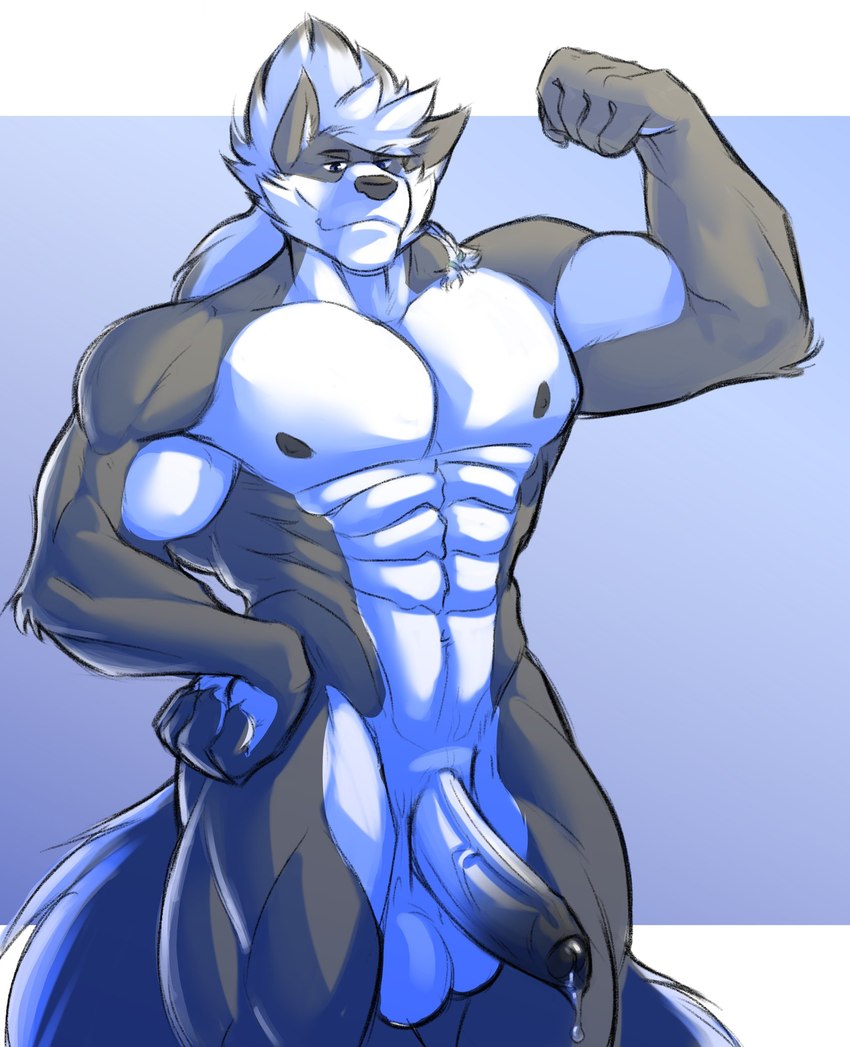 abs anthro balls biceps big_muscles bodily_fluids erection flexing flexing_bicep fluffy fluffy_tail foreskin genital_fluids genitals leaking leaking_precum looking_at_viewer male muscular muscular_anthro muscular_male muscular_thighs nipples obliques partially_retracted_foreskin pecs penis precum smile smirk solo tail vein veiny_penis hyponova canid canine canis mammal wolf 2022 absurd_res hi_res