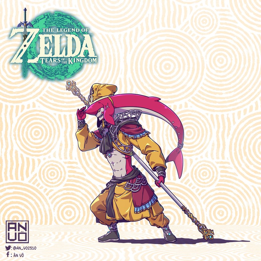 abs clothing footwear hat headgear headwear jewelry male muscular scar shoes simple_background solo staff text an_vo journey_to_the_west nintendo tears_of_the_kingdom the_legend_of_zelda prince_sidon sun_wukong fish marine zora 1:1 absurd_res hi_res