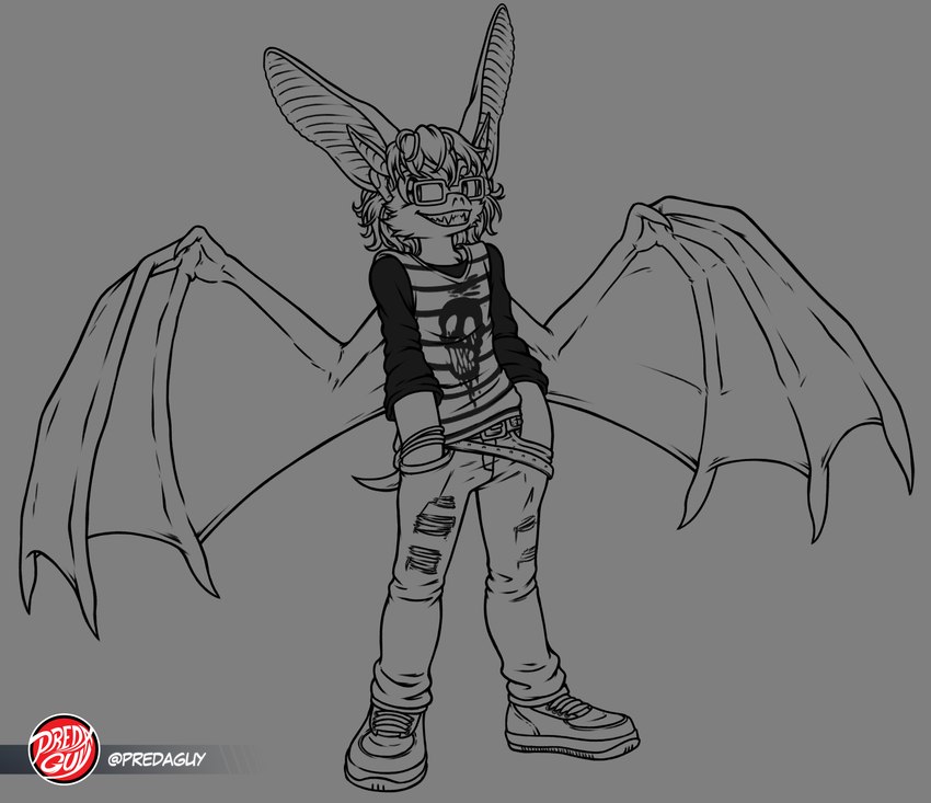 alternative_fashion anthro bat_wings belt big_ears bottomwear bracelet clothed clothing denim denim_bottomwear denim_clothing earbuds electronics eyewear fangs footwear glasses goth grin grinning_at_viewer hair hands_in_both_pockets headphones jeans jewelry male membrane_(anatomy) membranous_wings pants pattern_clothing shoes short_hair short_tail skull_shirt smile sneakers solo spread_wings striped_clothing stripes studded_belt studs tail teeth torn_bottomwear torn_clothing torn_pants two_belts wings predaguy sega sonic_the_hedgehog_(series) bat mammal hi_res sketch