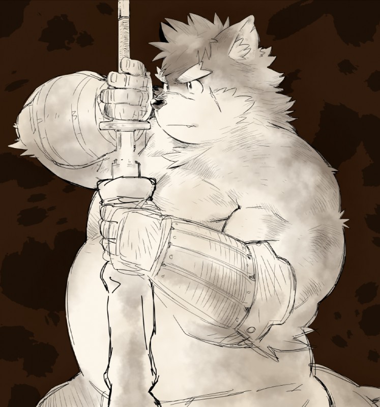 anthro kemono male melee_weapon obese obese_anthro obese_male overweight overweight_anthro overweight_male solo sword weapon kira_nerisu lifewonders tokyo_afterschool_summoners moritaka_(tas) canid canine canis domestic_dog mammal