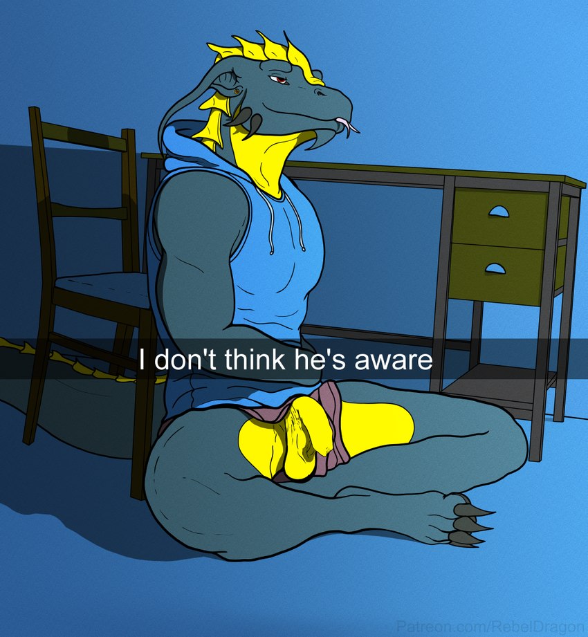 anthro balls biceps big_tail blep bottomwear chair cheek_horns chin_horn claws clothing crossed_legs desk drugs ear_piercing facial_horn feet flaccid flashing flashing_penis foreskin forked_tongue furniture genitals hoodie horn hotpants leaning leaning_backward leaning_on_chair leaning_on_furniture leaning_on_object long_ears long_tail male muscular muscular_anthro muscular_male pawpads pec_outline pecs peeking_penis penis penis_poking_out penis_through_leghole piercing red_eyes relaxed_expression relaxing saggy_balls shirt shorts sitting sitting_on_ground solo stoned substance_intoxication table tail tank_top thick_thighs toe_claws toes tongue tongue_out topwear wardrobe_malfunction rebeldragon101 mythology snapchat ernesto_(rebeldragon101) dragon mythological_creature mythological_scalie scalie