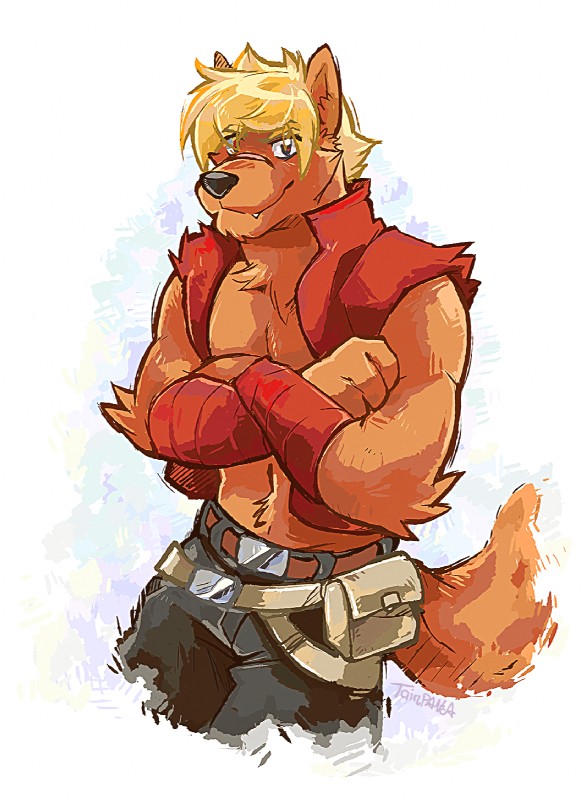 anthro bandage belt biceps black_nose blonde_hair brown_body brown_fur clothing fur hair looking_at_viewer male muscular muscular_anthro muscular_male orange_body orange_fur red_eyes scar solo tail super-tuler jaryl_(character) canid canine canis mammal wolf hi_res