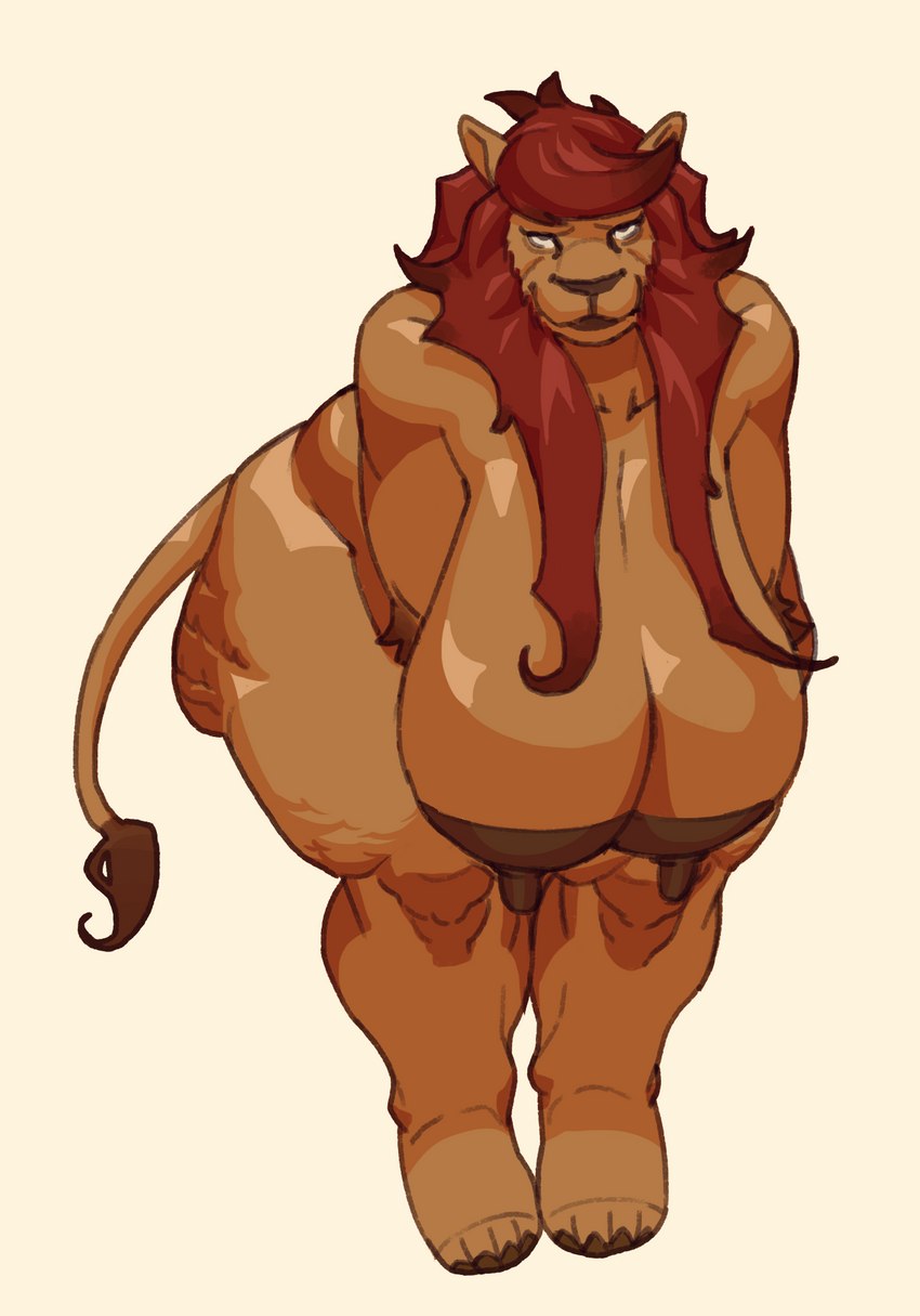 anthro areola big_areola breasts cellulite facial_hair female mature_female overweight sagging_breasts solo fireclown marguerite_(fireclown) felid lion mammal pantherine hi_res gynomorph_(lore)