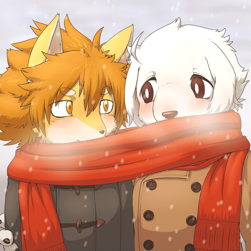 adolescent anthro blush clothed clothing coat duo eye_contact looking_at_another male scarf sharing_clothing sharing_scarf snow snowing topwear young young_male tsuchinoko_(artist) dogsled_club fuyuki_shiroda_(tsuchi_kemo) mamejirou_shibata_(misodonnburi201) bird_dog canid canine canis domestic_dog hunting_dog mammal retriever shiba_inu spitz 1:1 hi_res