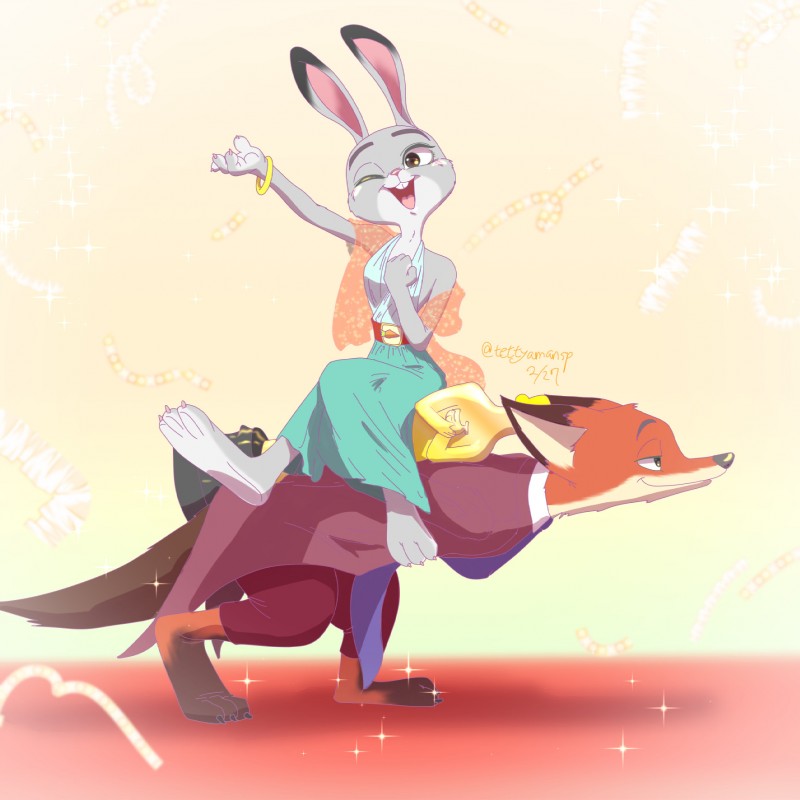 abstract_background anthro award barefoot bent_over bracelet claws clothing dipstick_ears dress duo ear_markings feet female fur jewelry leg_markings long_ears male markings multicolored_ears one_eye_closed oscar_statuette riding smile socks_(marking) toe_claws wink tettyamansp disney zootopia judy_hopps nick_wilde canid canine fox lagomorph leporid mammal rabbit red_fox true_fox 1:1 2017 hi_res