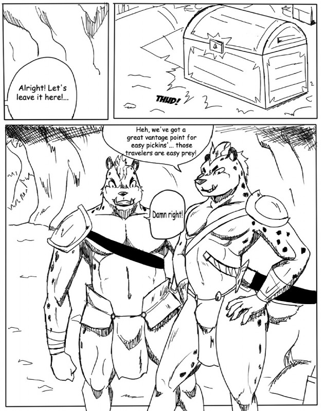 anthro bottomwear bulge clothing dialogue duo loincloth male text reagan700 hyena mammal spotted_hyena bandit_(disambiguation) black_and_white comic digital_drawing_(artwork) digital_media_(artwork) english_text monochrome