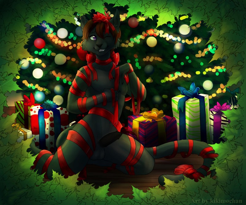 animal_genitalia balls black_body black_fur black_nose brown_hair christmas_tree erection fur genitals gift hair holidays inner_ear_fluff lights long_tail male nude one_eye_closed open_mouth open_smile penis plant purple_eyes ribbons smile solo tail tree tuft wink kikimochan christmas nekole domestic_cat felid feline felis mammal 6:5 absurd_res hi_res