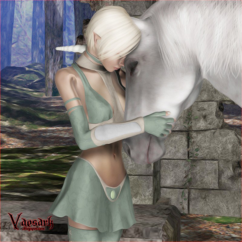 blonde_hair duo female hair horn male tender vaesark mythology elf equid equine humanoid mammal mythological_creature mythological_equine unicorn 1:1 3d_(artwork) digital_media_(artwork) hi_res