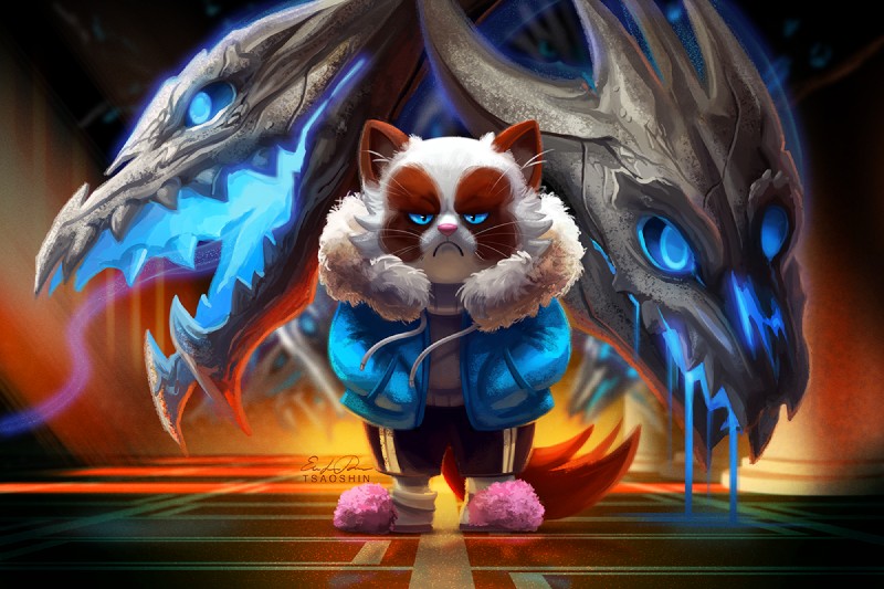 ambiguous_gender anthro anthrofied blue_eyes bone brown_body brown_fur clothing cosplay fangs footwear fur glowing glowing_eyes grumpy hoodie looking_at_viewer multicolored_body multicolored_fur pink_nose shoes skeleton slippers solo teeth topwear two_tone_body two_tone_fur whiskers white_body white_fur tsaoshin undertale undertale_(series) gaster_blaster sans_(undertale) tardar_sauce domestic_cat felid feline felis mammal undead 3:2 digital_media_(artwork) digital_painting_(artwork) meme signature