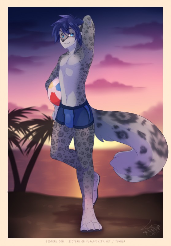 4_toes anthro ball barefoot beach beach_ball biped black_nose blue_clothing blue_eyes blue_hair blue_underwear border boxer_briefs bulge clothed clothing day detailed_background feet fur grey_body grey_fur hair hand_behind_head holding_ball holding_object inflatable looking_at_viewer male on_one_leg orange_border outside palm_tree plant pool_toy pose sand seaside short_hair skimpy sky smile solo spots standing toes topless tree underwear water sioteru gyelt felid leopard mammal pantherine snow_leopard 2017 digital_media_(artwork) full-length_portrait hi_res portrait shaded