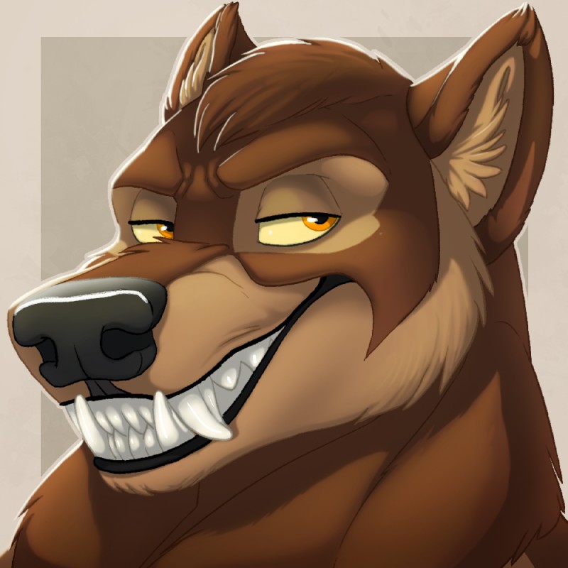 anthro big_nose black_nose border brown_body brown_fur brown_hair cheek_tuft eyebrows eyelashes facial_tuft fur hair half-closed_eyes inner_ear_fluff looking_at_viewer male multicolored_body multicolored_fur narrowed_eyes neck_tuft orange_eyes smile solo teeth tuft two_tone_body two_tone_fur white_border yellow_sclera paloma-paloma mythology jacob_shephard canid canine canis mammal mythological_canine mythological_creature werecanid werecanine werecreature werewolf wolf 1:1 2019 digital_media_(artwork) portrait