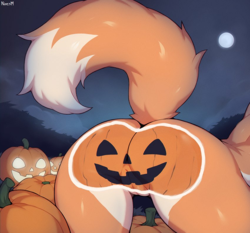 anthro bent_over bodypaint butt butt_focus cloud detailed_background female fluffy fluffy_tail fog food fruit full_moon fur genitals holidays jack-o'-lantern moon multicolored_body multicolored_fur night nude orange_body orange_fur outside plant presenting presenting_hindquarters pumpkin pumpkin_butt pussy raised_tail rear_view sky solo tail thick_thighs two_tone_body wide_hips ninesm halloween canid canine canis fox mammal digital_media_(artwork) hi_res