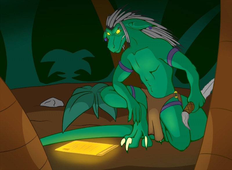 3_toes abs anthro armband big_ears biped bottomwear claws clothed clothing dagger detailed_background digitigrade ear_piercing feet forest frown kneeling legband loincloth looking_down male melee_weapon piercing plant pupils slit_pupils solo toes topless tree tribal weapon x231_(artist) tech lizard reptile scalie 2016