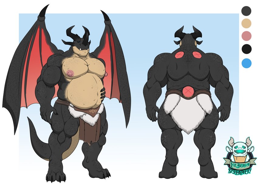 anthro belly big_pecs blue_eyes bottomwear clothed clothing dark_body front_view hand_on_belly horn loincloth male mostly_nude musclegut muscular muscular_anthro muscular_male nipples overweight partially_clothed pecs rear_view solo standing tail wings 1ceberg mythology dragon mythological_creature mythological_scalie scalie absurd_res hi_res model_sheet