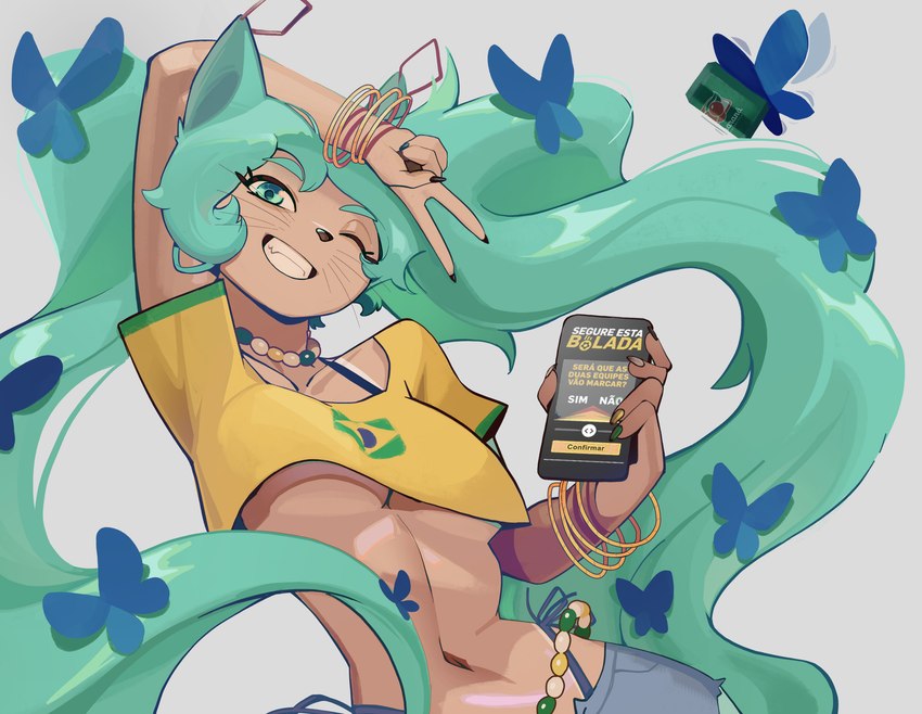 alternate_ethnicity anthro anthrofied biped breasts electronics female female_anthro green_eyes green_hair hair holding_object holding_phone long_hair looking_at_viewer navel phone smile smiling_at_viewer solo under_boob feliscede bluesky_(social_media) brazilian_miku vocaloid hatsune_miku ambient_arthropod ambient_butterfly ambient_insect domestic_cat felid feline felis mammal 2024 absurd_res digital_media_(artwork) hi_res