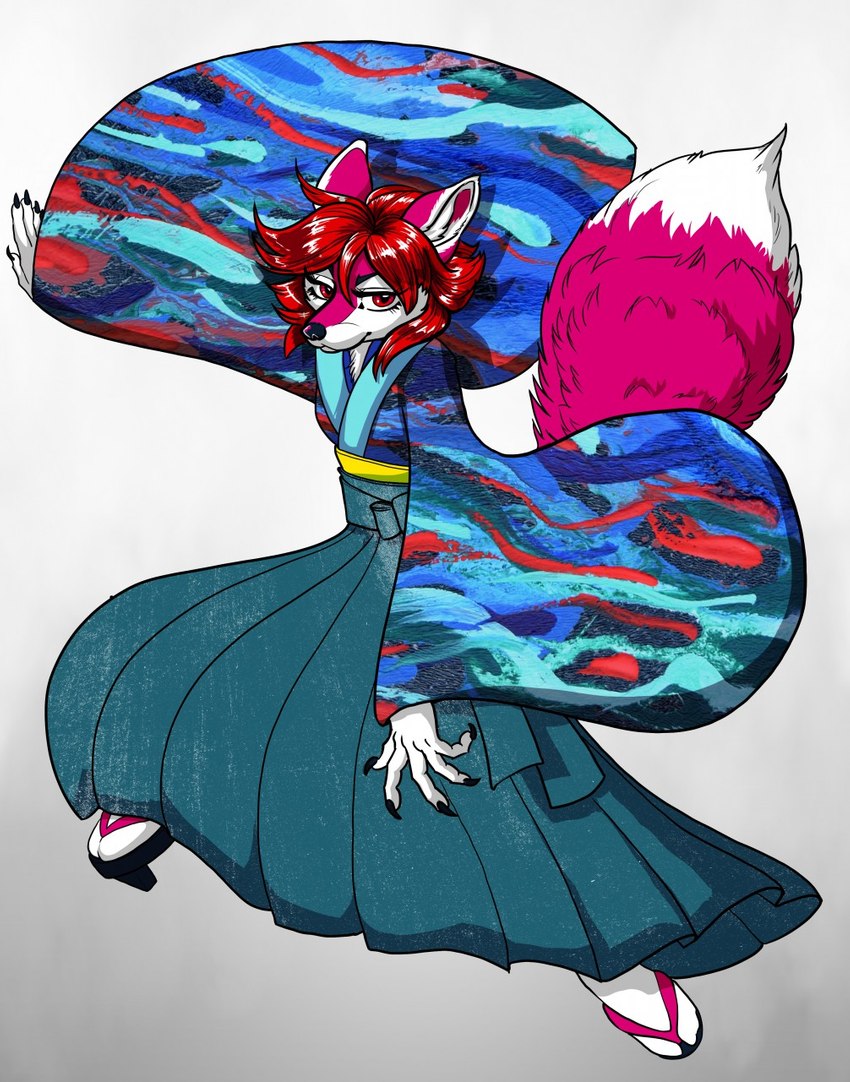 5_fingers anthro asian_clothing black_nose clothing east_asian_clothing female fingers fur hair japanese_clothing pink_body pink_fur red_eyes red_hair simple_background solo white_background kabuki_homewood regys_(carp) canid canine fox mammal 2020 hi_res