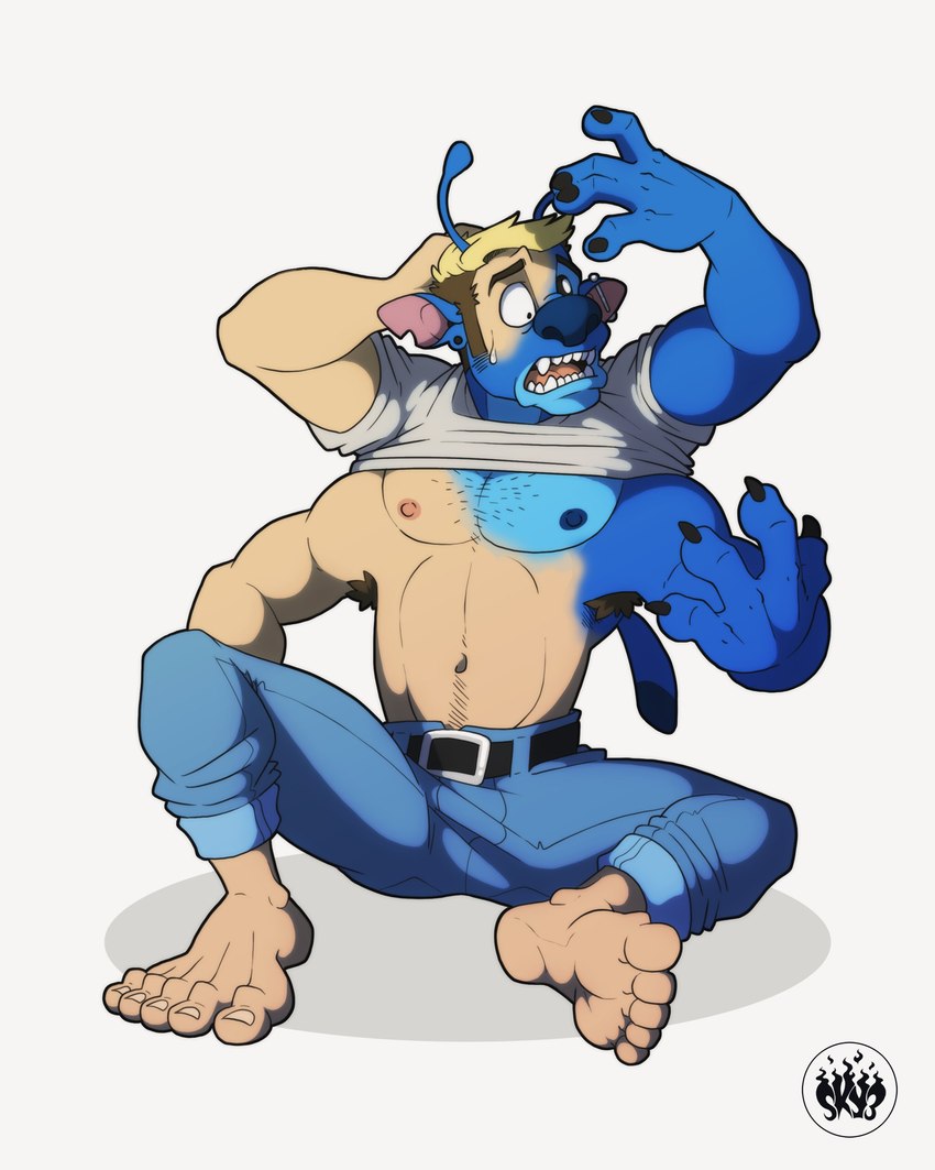 4_arms 5_toes antennae_(anatomy) antennae_growth anthro arm_growth armpit_hair barefoot belt big_nose blue_body blue_bottomwear blue_clothing blue_fur blue_nipples blue_nose blue_pants bodily_fluids body_hair bottomwear bulge chest_hair clothing denim denim_bottomwear denim_clothing ear_piercing feet fur growth hair hand_on_head human_to_anthro jeans limb_growth looking_at_hand male mid_transformation multi_arm multi_limb muscular muscular_male navel nipples notched_ear pants piercing pink_nipples shirt shocked simple_background sitting solo species_transformation spread_legs spreading sweat sweatdrop tears tf_into_fictional_character toes topwear transformation white_background sky3 disney lilo_and_stitch stitch_(lilo_and_stitch) alien experiment_(lilo_and_stitch) human mammal 2021 4:5 absurd_res cel_shading digital_drawing_(artwork) digital_media_(artwork) hi_res shaded