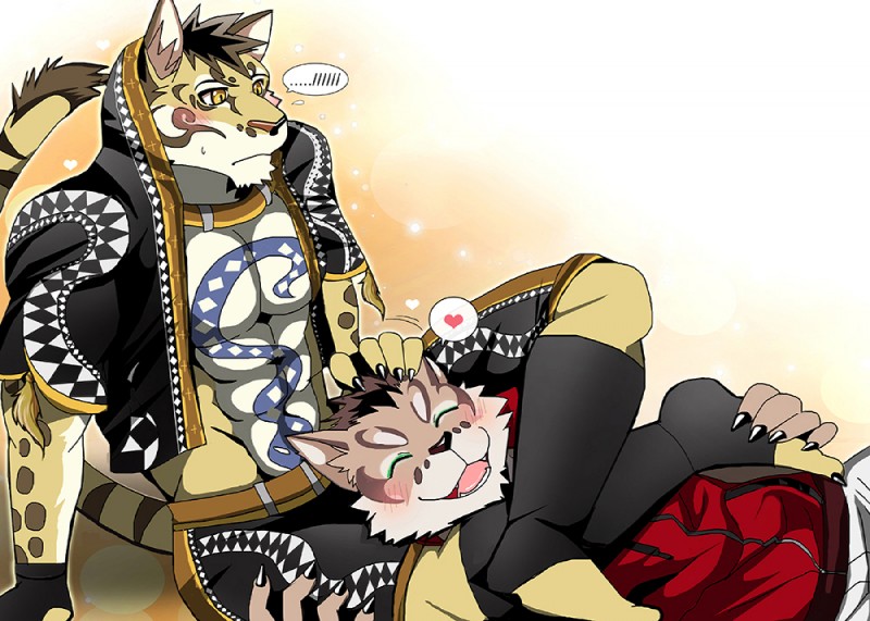 abs anthro black_nose blush claws clothed clothing countershading duo heart_symbol male muscular muscular_male open_mouth pecs smile tattoo teeth bearlovestiger13 nekojishi studio_klondike likulau shu-chi clouded_leopard felid feline felis leopard_cat mammal pantherine prionailurus 2017