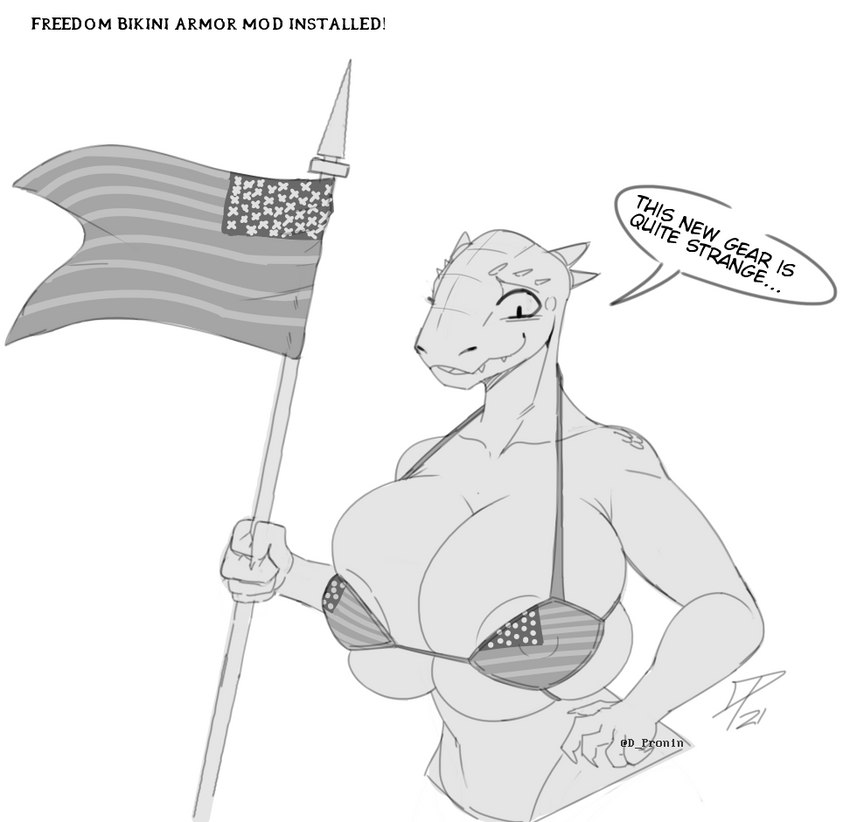 american_flag american_flag_bikini anthro areola areola_slip big_breasts bikini breast_squish breasts bulging_breasts clothed clothing dialogue female flag flag_(object) flag_bikini flag_clothing flag_print flag_swimwear holding_flag holding_object huge_breasts non-mammal_breasts print_bikini print_clothing print_swimwear skimpy solo squish swimwear text two-piece_swimsuit united_states_of_america dpronin microsoft the_elder_scrolls argonian reptile scalie english_text monochrome