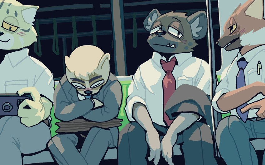 anthro black_nose clothed clothing cute_fangs electronics fangs fully_clothed group male necktie phone sitting teeth tired_eyes vetiver_n aggretsuko sanrio anai_(aggretsuko) haida_(aggretsuko) manumaru ookami_(aggretsuko) badger canid canine felid feline hyena japanese_badger mammal maned_wolf meles mustelid musteline pallas's_cat spotted_hyena 2021 hi_res