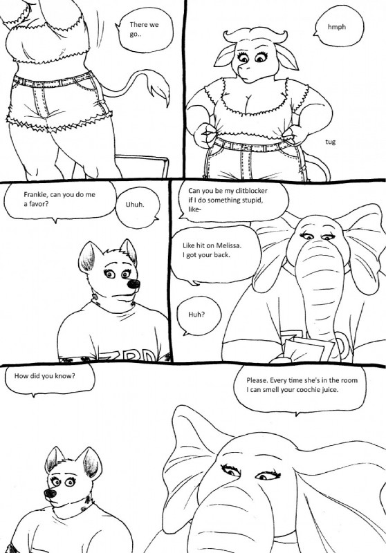 anthro clothing dialogue female flat_chested group text trunk bernielover disney zootopia becca_(bernielover) fan_character francine_pennington melissa_bogo_(bernielover) bovid bovine cape_buffalo elephant elephantid hyena mammal proboscidean spotted_hyena black_and_white comic english_text hi_res monochrome