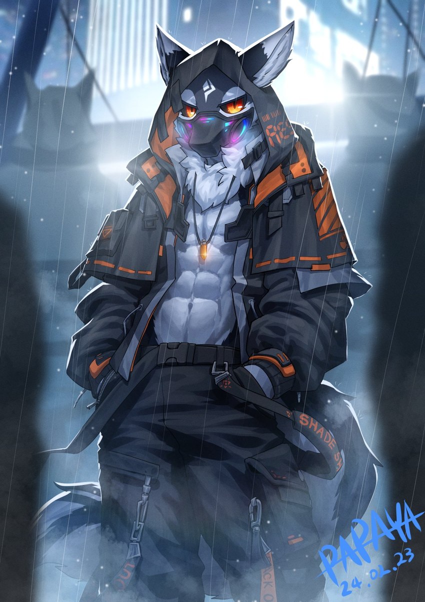 anthro black_sclera bottomwear clothed clothing dipstick_ears ear_markings front_view fur glistening glistening_eyes grey_body grey_bottomwear grey_clothing grey_fur grey_hood grey_pants grey_topwear jewelry looking_at_viewer male mask multicolored_ears narrowed_eyes necklace open_clothing open_topwear orange_eyes pants pupils raining slit_pupils solo standing topwear wearing_mask white_body white_fur papayafurry canid canine canis mammal wolf 2024 dated hi_res signature