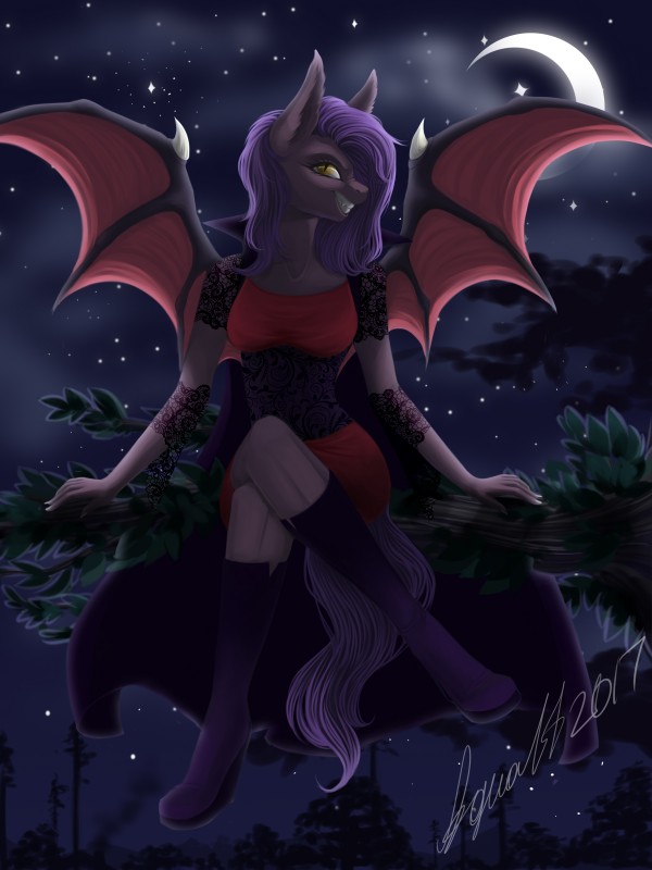 amber_eyes anthro bat_wings biped boots breasts clothing crescent_moon dress fangs female footwear looking_at_viewer membrane_(anatomy) membranous_wings moon night pupils shoes sitting slit_pupils smile solo star teeth wings aqualit hasbro my_little_pony dawn_sentry fan_character bat_pony equid mammal 2017 3:4 absurd_res hi_res