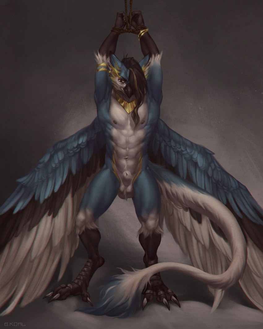 4_toes abs animal_genitalia anthro arms_above_head avian_feet ball_tuft balls beak black_beak black_hair blonde_highlights bound bracelet cheek_tuft claws detailed_feathers ear_piercing ear_ring eye_of_horus facial_tuft feathered_wings feathers feet front_view fully_sheathed genitals gold_(metal) gold_armlet gold_bracelet gold_ear_ring gold_jewelry gold_necklace grey_background hair hair_over_eye hands_tied highlights_(coloring) jewelry long_claws long_hair long_tail looking_at_viewer male muscular muscular_male necklace nude one_eye_obstructed pecs piercing prisoner ring_piercing serratus sheath simple_background solo spread_wings standing tail tail_tuft toes triceps tuft undercut wings b.koal mythology ammeris avian gryphon mythological_avian mythological_creature 2020 4:5 detailed digital_media_(artwork) digital_painting_(artwork) hi_res