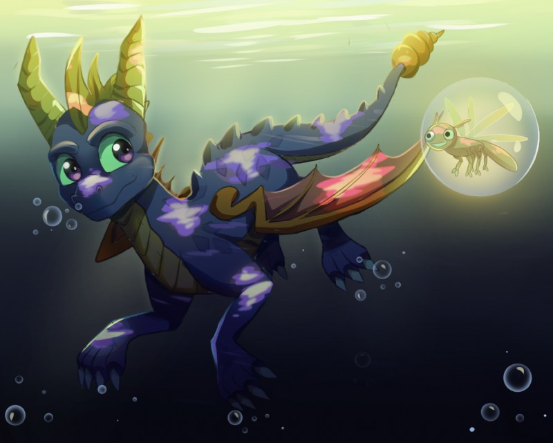 bubble claws duo feral horn male purple_eyes swimming tail toe_claws underwater water wings verawitch activision mythology spyro_the_dragon sparx spyro dragon mythological_creature mythological_scalie scalie 2018 digital_media_(artwork) hi_res