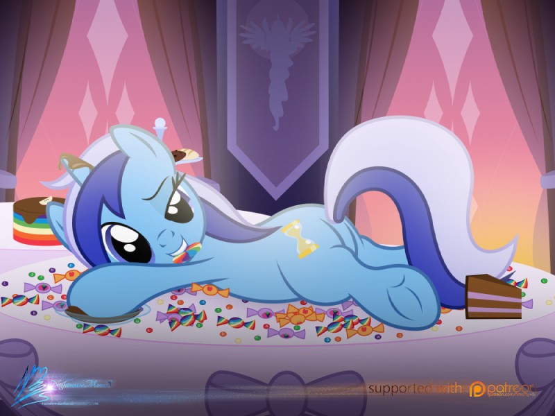 bedroom_eyes blue_body blue_eyes blue_fur cake candy cutie_mark dessert female feral food fur hair half-closed_eyes horn inside looking_at_viewer lying multicolored_hair narrowed_eyes patreon_logo seductive solo tapestry text two_tone_hair website_logo nightmaremoons friendship_is_magic hasbro my_little_pony mythology patreon minuette_(mlp) equid equine mammal mythological_creature mythological_equine unicorn 2016 4:3 english_text url