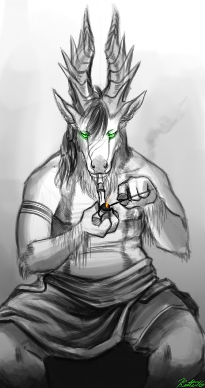 anthro fire green_eyes horn looking_at_viewer male pipe smoke smoking smoking_pipe solo conditional_dnp ratte legacy_(ratte) hyperion_(ratte) bovid caprine mammal ramiotran savanna_ramiotran 2016 digital_media_(artwork) hi_res