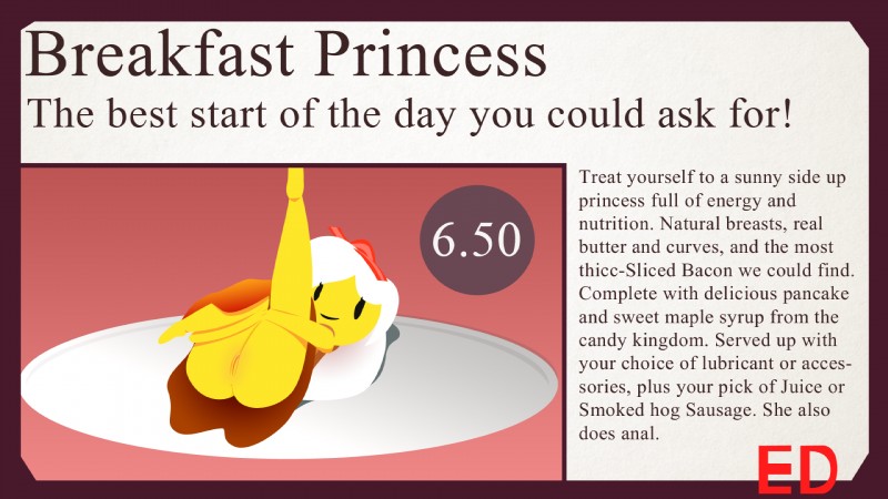 bacon butt egg female food genitals meat menu not_furry pussy solo text yellow_body yellow_skin ed_(artist) adventure_time cartoon_network breakfast_princess animate_inanimate egg_creature 16:9 2018 english_text hi_res widescreen