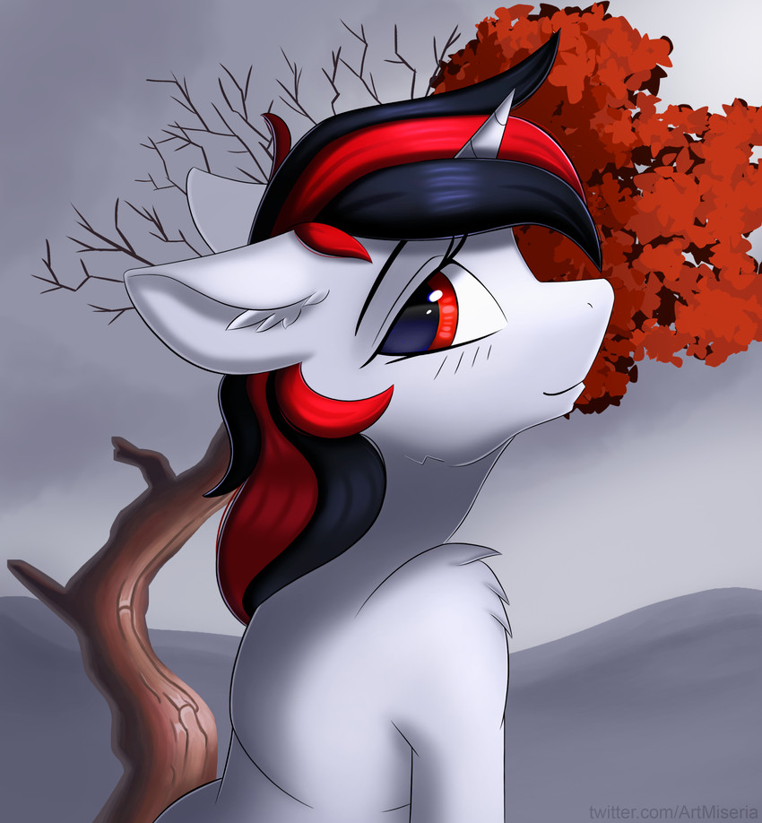 autumn black_hair fanfiction female feral fur hair horn multicolored_hair quadruped red_eyes red_hair solo two_tone_hair white_body white_fur miseriaart fallout fallout_equestria foe:_project_horizons friendship_is_magic hasbro microsoft my_little_pony mythology blackjack_(fallout_equestria) fan_character equid equine horse mammal mythological_creature mythological_equine pony unicorn absurd_res crossover hi_res