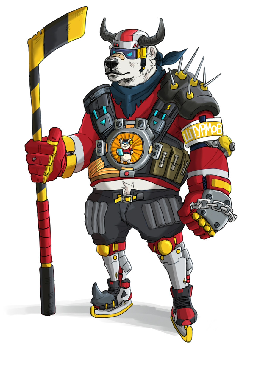 anthro armor belly black_nose clothed clothing fur headgear helmet kemono male simple_background slightly_chubby solo visor white_background white_body white_fur kounfuyu bear mammal polar_bear ursine 2020 hi_res