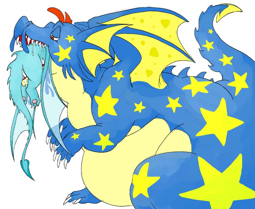 3_fingers 3_toes ambiguous_gender anthro bodily_fluids drooling duo fangs feet fin fingers male open_mouth overweight pawpads paws red_eyes saliva simple_background tail teeth toes vore white_background wings unknown_artist neopets draik_(neopets) neopet_(species) hi_res