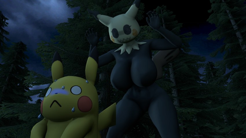 anthro big_breasts black_body black_skin bodily_fluids breasts brown_tail duo featureless_breasts female feral genitals looking_at_another male night nude plant pokemorph pose pussy scared sweat tail tree wood_tail yellow_body yellow_skin baek-myo nintendo pokemon generation_1_pokemon generation_7_pokemon mimikyu pikachu pokemon_(species) 16:9 2023 3d_(artwork) digital_media_(artwork) hi_res source_filmmaker_(artwork) widescreen