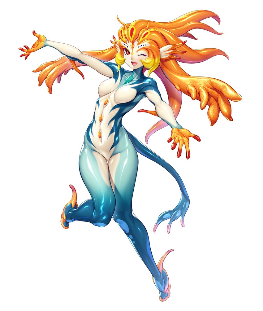 blue_body blue_skin breasts female hair monster_girl_(genre) navel nude open_mouth orange_hair red_eyes simple_background solo white_background white_body white_skin zol taimanin_(series) taimanin_asagi animal_humanoid fish fish_humanoid humanoid marine marine_humanoid digital_media_(artwork) hi_res