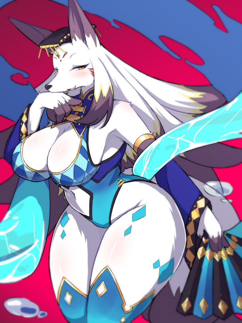 anthro big_breasts breasts cleavage clothed clothing female female_anthro fur kemono looking_at_viewer plantigrade solo white_body white_fur wide_hips takeshi_kemo cyberconnect2 drecom full_bokko_heroes daji_(full_bokko_heroes) canid canine mammal 3:4 hi_res