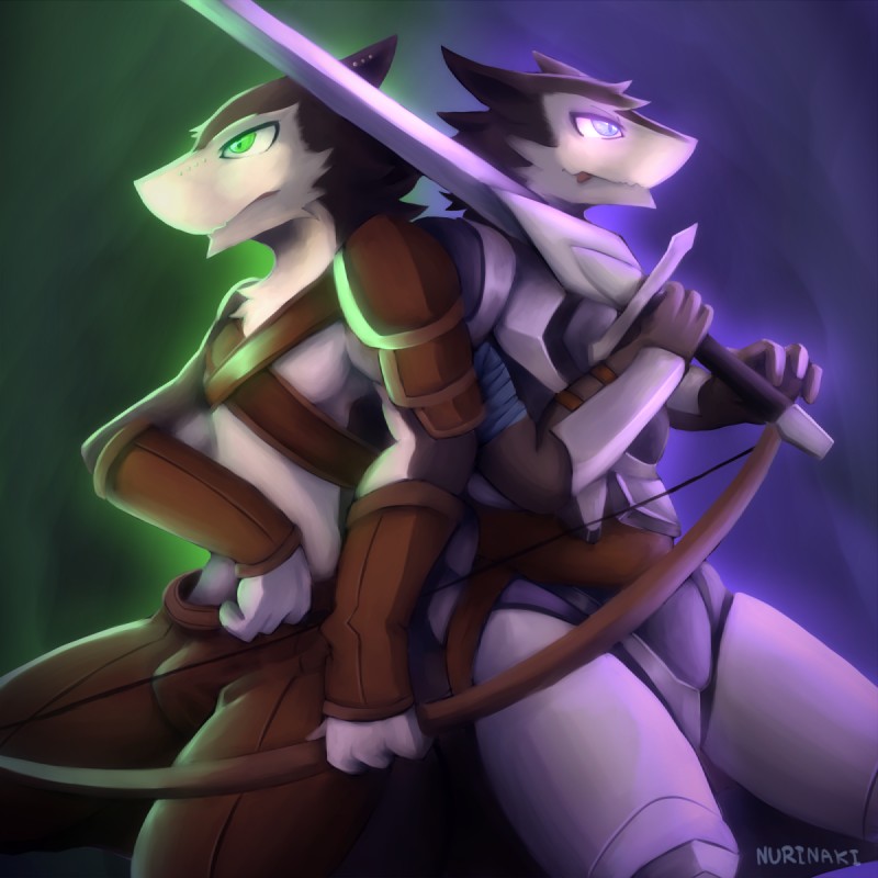 anthro armor bottomwear bulge clothing duo green_eyes male melee_weapon muscular pants pecs purple_eyes straps sword weapon nurinaki gix_nightstalker mammal sergal 1:1 2014 hi_res