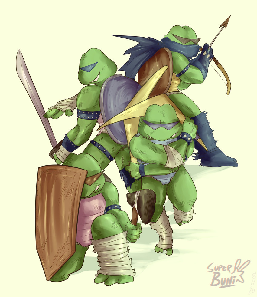 axe boomerang boots clothing eyewear footwear green_body green_skin male melee_weapon scarf shield shoes smile sunglasses sword weapon super_buni bootleg teenage_mutant_ninja_turtles donatello_(tmnt) leonardo_(tmnt) michelangelo_(tmnt) raphael_(tmnt) reptile scalie turtle absurd_res hi_res brother_(lore) brothers_(lore) sibling_(lore)