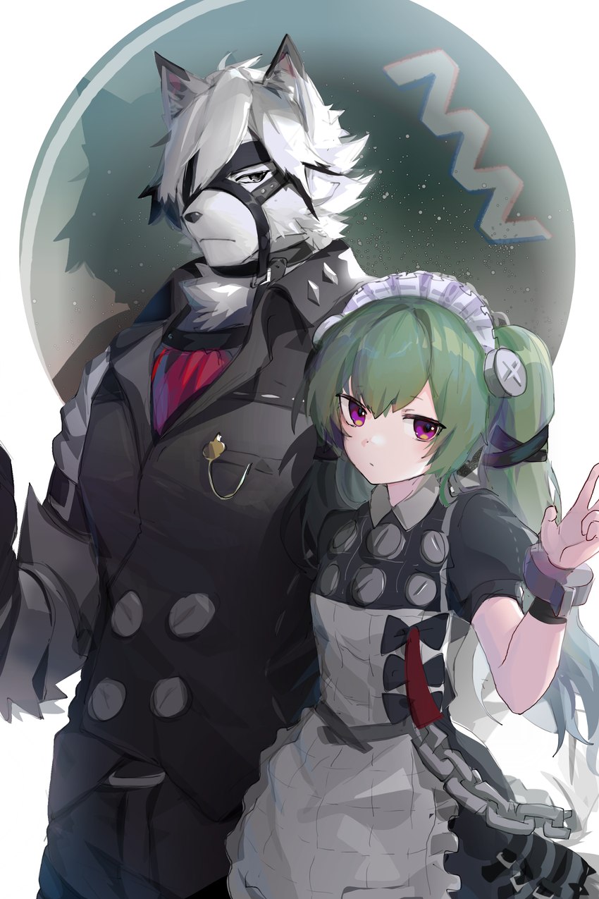 abstract_background anthro black_clothing clothing duo female fur green_hair hair half-closed_eyes harness looking_at_viewer maid_uniform male male/female narrowed_eyes pigtails shirt topwear uniform white_body white_clothing white_fur shabi96522 mihoyo zenless_zone_zero corin_wickes von_lycaon canid canine canis human mammal wolf 2:3 absurd_res hi_res