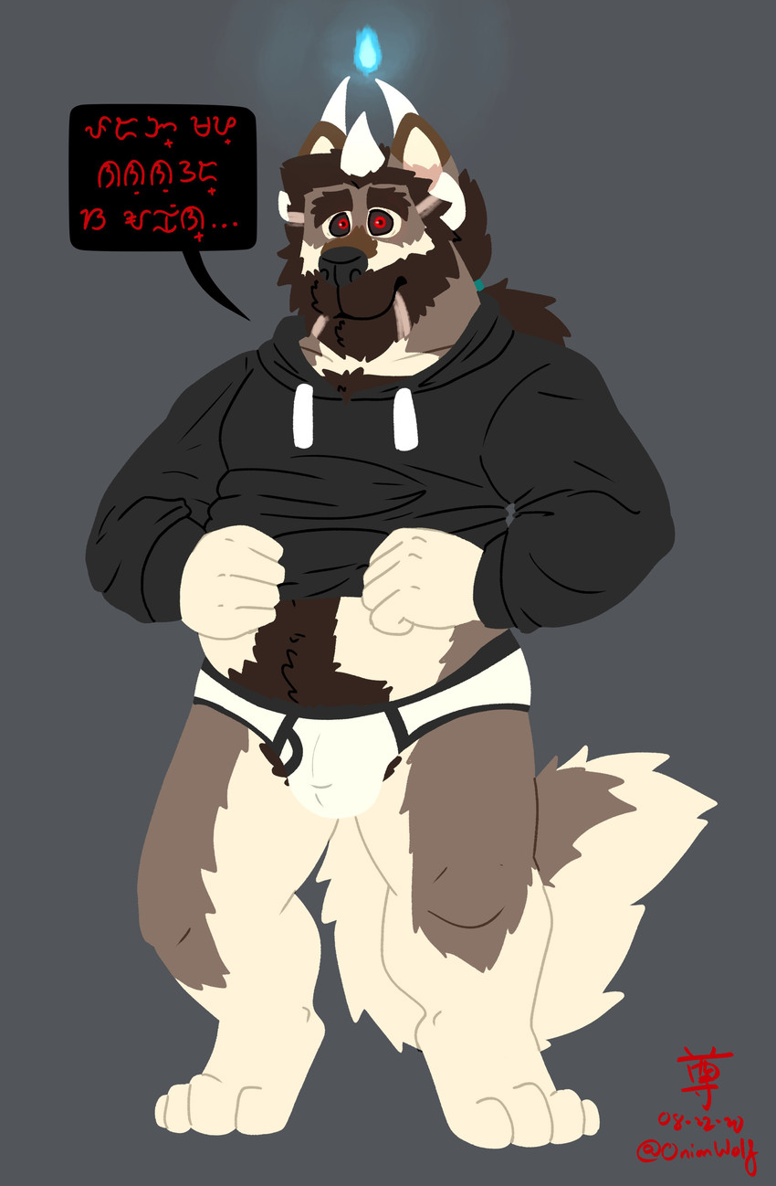 anthro black_clothing black_hoodie black_topwear briefs bulge clothing dialogue drawyourfursona hoodie hoodie/briefs_meme horn male overweight overweight_anthro overweight_male solo standing text topwear underwear white_clothing white_underwear onionwolf meme_clothing canid canine canis demon mammal wolf absurd_res baybayin_text hi_res meme translation_request