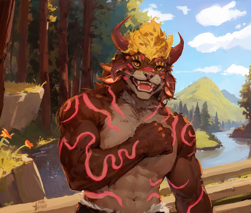 anthro blonde_hair cloud flower forest forest_background fur hair hill horn male mountain multicolored_body multicolored_fur nature nature_background orange_eyes plant river sky slightly_muscular_anthro slightly_muscular_male solo teeth tree charr_starz guild_wars milo_goldenheart charr felid mammal