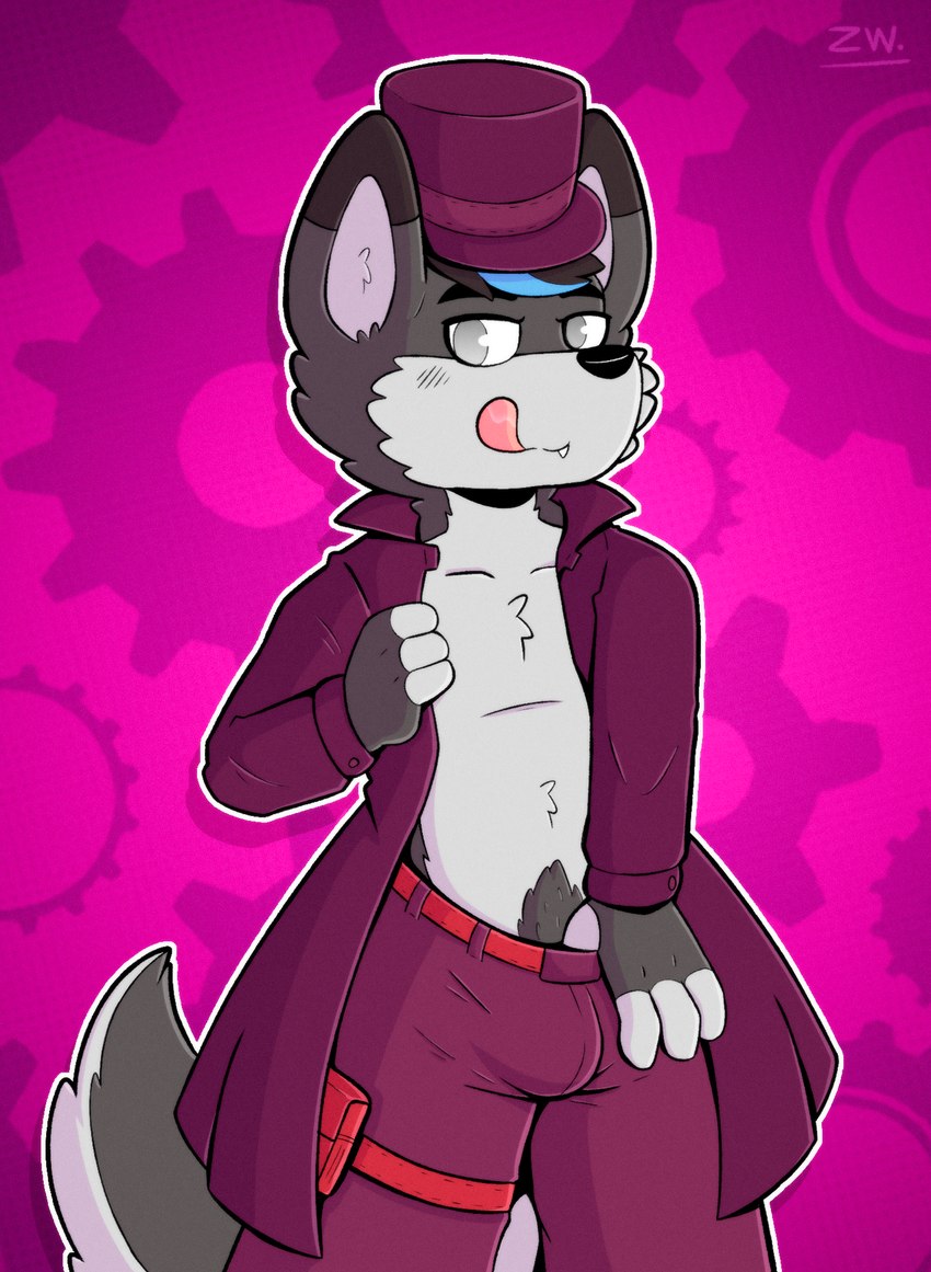 alternative_fashion anthro bulge clothing erection hair hat headgear headwear inviting j-fashion looking_at_viewer machine male ouji_(fashion) smile solo tongue top_hat topwear victorian wolfyzeeb jossmar canid canine canis mammal wolf hi_res